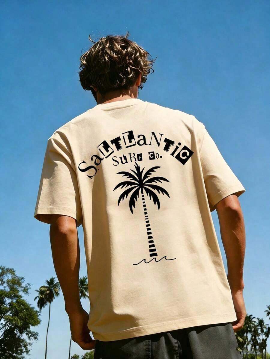 Coastal | New Men's Summer T-Shirt With Coconut Tree And Letter Print, Short Sleeve, Crew Neck, Casual Holiday Wear, 100% Cotton - 杏色 - 查看 1