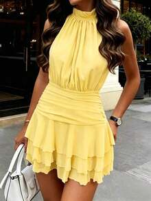 Vestido elegante y romántico de cuello halter, cintura ajustada, vestido corto con volantes plisados en albaricoque y blanco, nuevo vestido de primavera/verano, vestido para cita de San Valentín, vestido casual de vacaciones, vestido románt - Amarillo - Ver 3