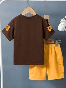 2pcs Boys' Summer Casual Set, Short Sleeve T-Shirt And Shorts, Funny English Letter Print, Suitable For Summer Wear - Brown - View 2