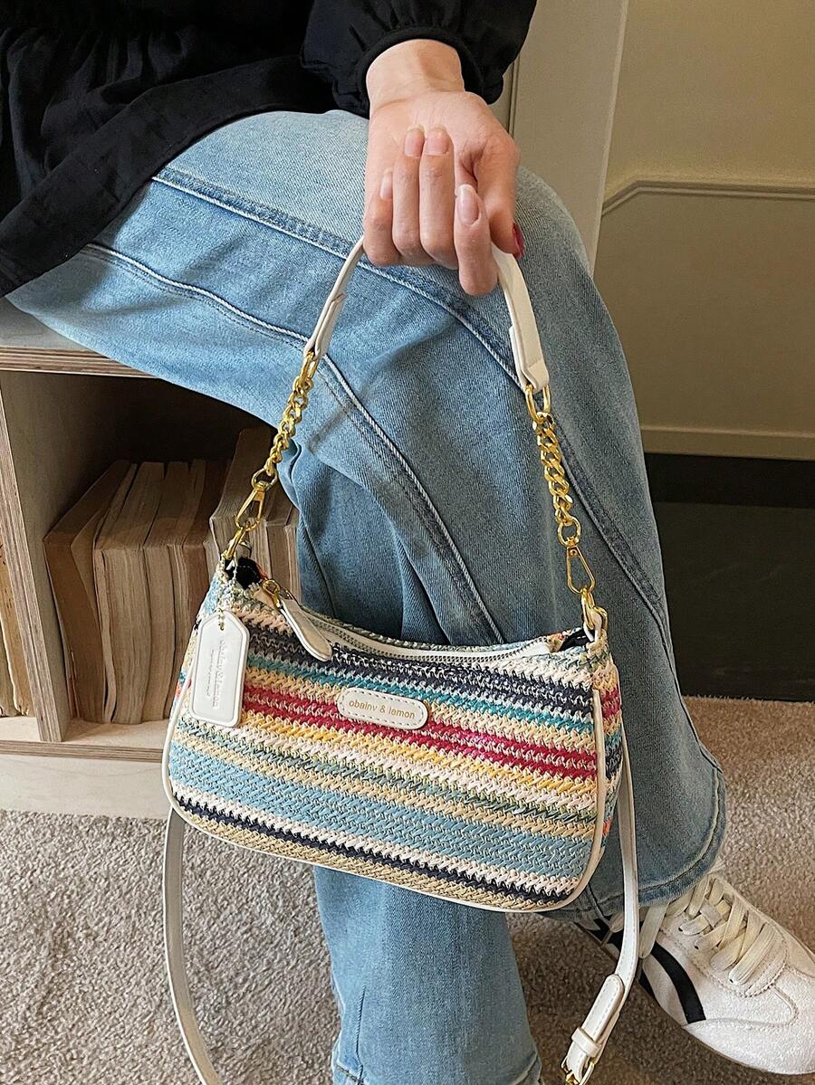 New Fashionable & Elegant Multi-Color Striped Pattern Underarm Bag With Metal Chain Handle, Women's Shoulder Bag - Multicolor - View 1