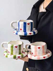 1 Set Classic Striped Heart Ceramic Coffee Cup & Saucer, Cute Korean Ins Style Mug Design With Matching Striped Heart Coaster, Ideal Choice For Coffee, Perfect Birthday & Holiday Gift, Suitable For Home Use, Great Gift For Him, Fun Cup. - Multicolor - View 2