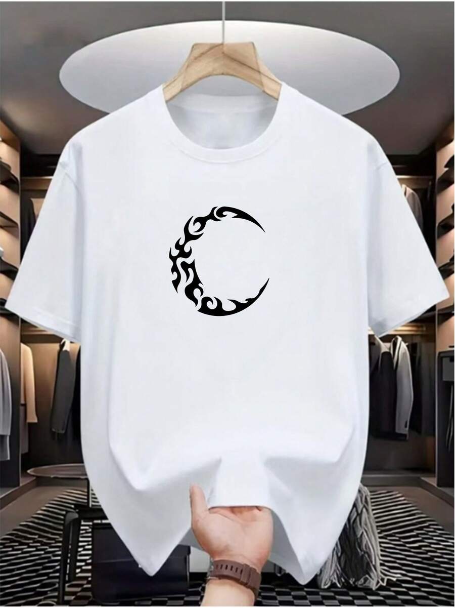 Men's T-Shirt [Moon Flame] - Men's Casual T-Shirt With Digital Print - Polyester Fiber, Round Neck, Short Sleeve, Urban Hip-Hop Style, European And American Summer Fashion, Sporty Style. - 白色 - 查看 1