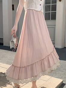 Casual Style Irregular Lace Patchwork Cake Skirt, High-Waisted Slimming Mid-Length Skirt, Fairy-Like And Gentle Style - Pink - View 4
