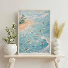 1幅帆布墙画，带框墙饰，夏季热带海滩桨板帆布画，抽象波浪油画风格，夏季海岸主题装饰画，描绘棕榈树和海滩，适用于客厅、卧室、浴室、公寓、海滨住宅和度假屋的墙面装饰，夏季家居装饰，房间装饰美学，宿舍装饰，厨房装饰，餐厅装饰，夏季海报 - A - 查看 9