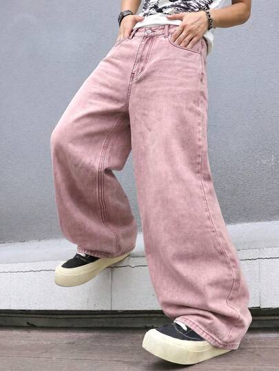 LIYS Men's Vintage Washed Dusty Pink Baggy Jeans, Oversized Wide Leg Y2K Streetwear Denim Pants
