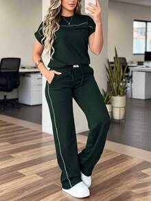 Conjunto de 2 piezas de mujer con top de cuello redondo de unicolor minimalista de manga corta y pantalones rectos de cintura alta, elegante para primavera/verano - Verde oscuro 1 - Ver 3