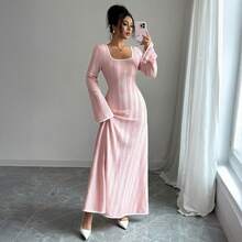 Vestido de manga larga simple de estilo de alta gama, vestido de moda diario para mujeres otoño e invierno - Rosa - Ver 5