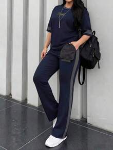 Conjunto de 2 piezas de camiseta de manga corta de cuello redondo y pantalones sueltos de cintura elástica para mujer, uso casual diario, elegante para primavera/otoño y verano - Azul real 66 - Ver 5