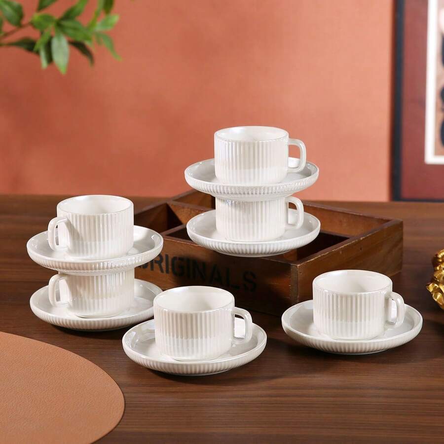 Italian Ceramic Coffee Cup & Saucer Set, Suitable For Cappuccino, Latte, Espresso And Turkish Coffee, Home Gathering, 3oz/90ml, Heat & Cold Resistant - E Type - View 1