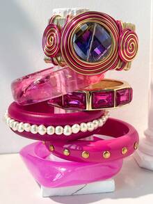 1pc Pink Heart Contrast Color Bracelet With Pearl And Rhinestone Decor, Versatile Style Suitable For Street Fashion, Internet Celebrity Wristband, Valentine's Day Gift, Mother's Day Present - Multicolor B - View 9