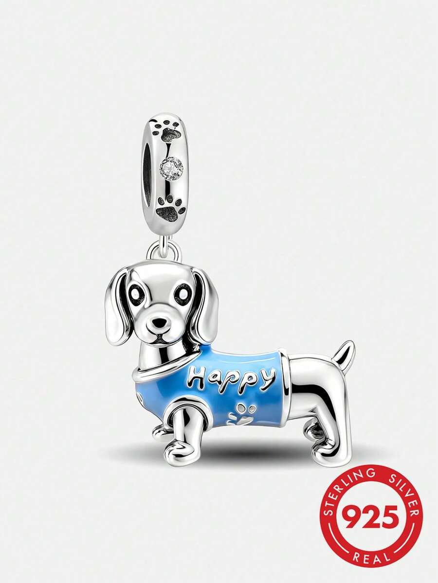 1 mặt dây chuyền hình chó Dachshund vui vẻ bằng bạc Sterling 925, thích hợp để làm vòng tay, lắc tay, trang sức tự làm và phụ kiện hàng ngày cho nữ, phù hợp cho các bạn gái đeo. - Chú chó Dachshund hạnh phúc - Xem 1