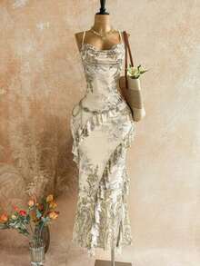xheSoleia Vestido de mujer con estampado floral vintage colorido, cuello drapeado y volantes en el bajo, estilo vacacionalxhe - Amarillo claro - Ver 8