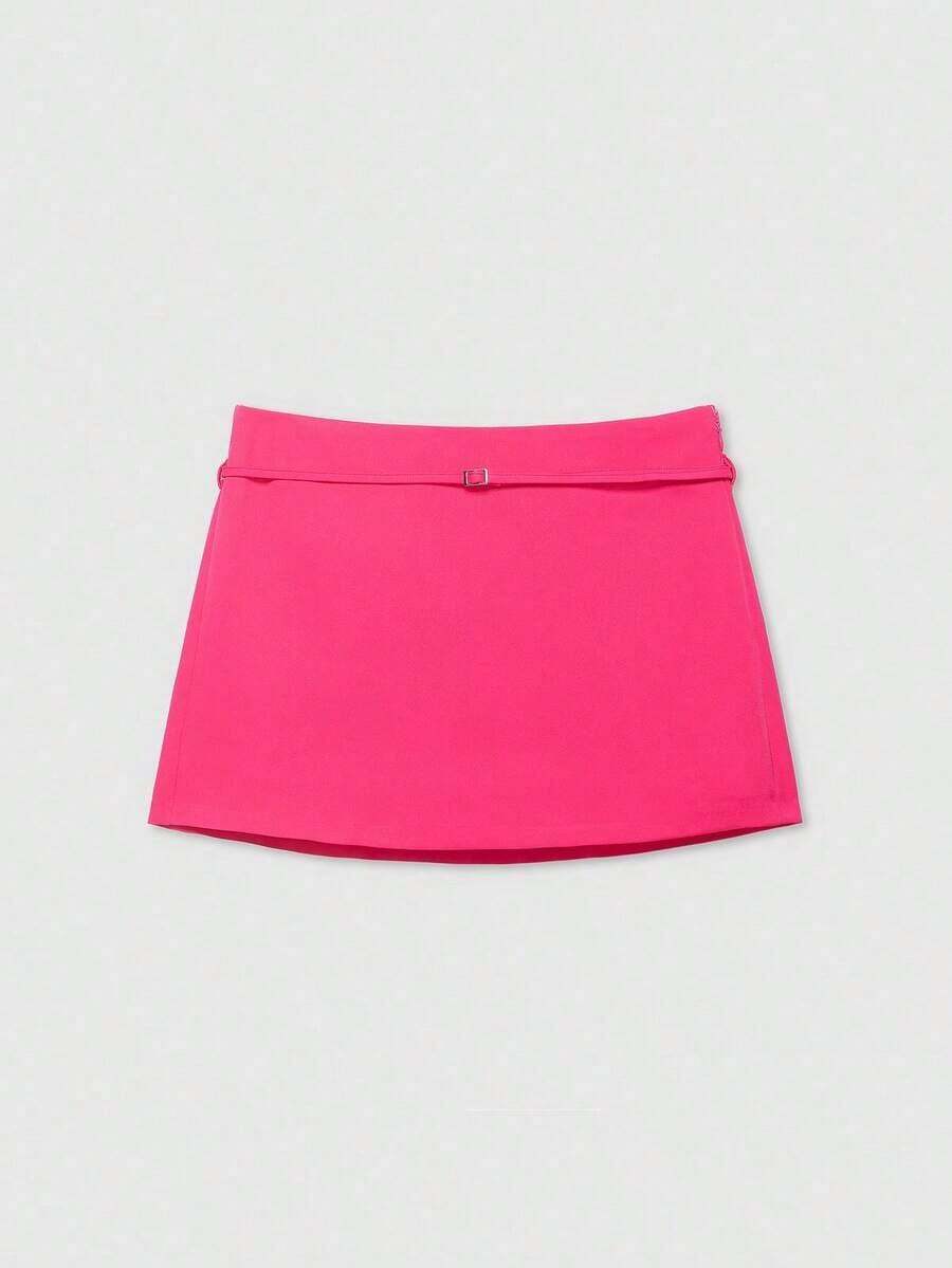 Falda pantalón negra de unicolor minimalista para uso casual, oficina y viajes, con hebilla y cinturón, para verano - Rosa Fucsia - Ver 1