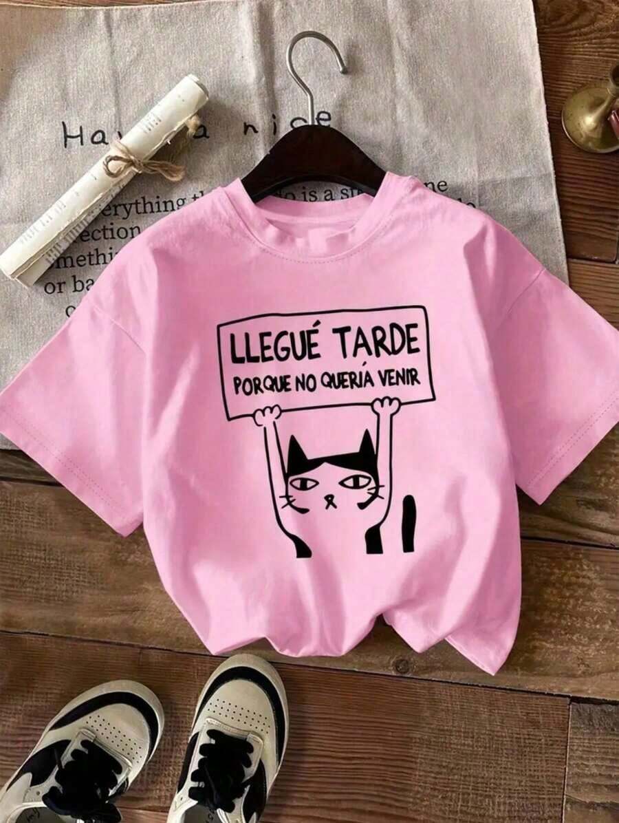 Printed T-Shirt With Letters And Cats, Short Sleeves And Round Neck, Casual Top For Summer And Spring, Women's Clothing - 羅莎 - 查看 1
