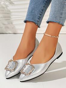 Giày búp bê mũi nhọn nữ, kiểu dáng slip-on, khóa cài thoải mái, phù hợp cho mùa xuân và mùa thu, cỡ lớn. - Bạc - Xem 4