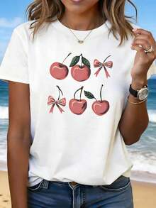 Camiseta manga corta cuello redondo 100% algodón, estampado trendy, tejido ligero y ventilado, estilo moda casual, apta para vida diaria, salidas informales y citas en primavera, verano y otoño - Blanco - Ver 1