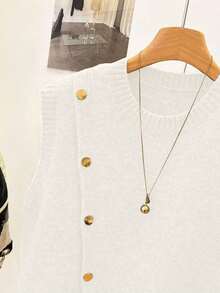 1 pieza Chaleco sin mangas de punto de unicolor con cuello redondo corto, diseño asimétrico con botones, accesorio de moda, chaleco versátil de punto para el verano - Blanco - Ver 6