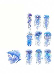 梦幻激光水母系列PET贴纸套装，清新水彩贝壳海洋风格，高性价比小众艺术装饰贴纸，创意DIY剪贴簿和日记用品 - A - 查看 13