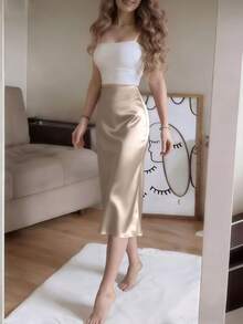 Apricot Satin High Slit Button-Up Skirt, French Elegant A-Line Skirt - Apricot - View 3