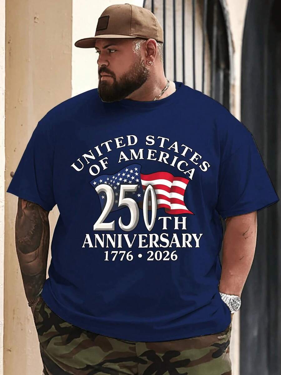 Big And Tall Mens Shirts 180G Cotton Short Sleeve Shirt 250th Anniversary Patriotic Theme Print Vintage Numbers And Design American Celebration Daily Casual Top GOHS - 藏蓝色 - 查看 1