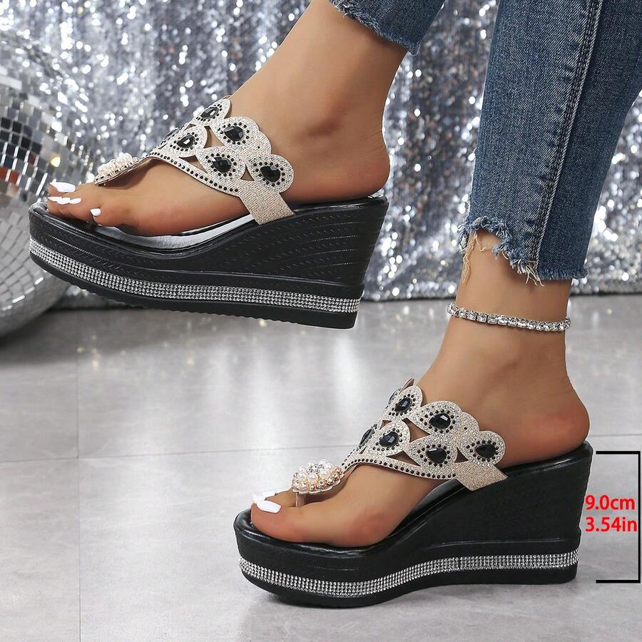 Sandal Wanita Model Wedges Hak Tebal dengan Sol Tebal, Dekorasi Mutiara & Rhinestone, Sandal Selop Motif Bunga, Gaya Kasual Minimalis untuk Perjalanan Musim Semi/Panas - Semuanya hitam - View 1