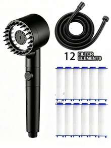 3-Mode High Pressure Handheld Shower Head With Massage Function, One-Touch Shut-Off Massage Shower Head With 12 Replacement Filters, Wall-Mounted, ABS Plastic Material With Polished Surface, Round Design, Modern Minimalist Style, Suitable For Home And Hotel Bathrooms, Essential Accessory For Modern Bathrooms And RVs, Upgrade Your Bathroom For A Spa-Like Bathing Experience, Ideal Gift Choice - Black - View 13