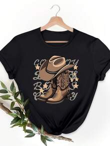 Modern And Comfortable Short-Sleeved Top With A Cowboy Hat And Boot Design - Black - View 1
