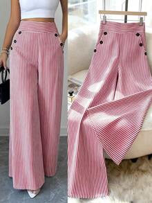 Nuevos pantalones de estilo coreano de primavera/verano, minimalistas y elegantes, de lino a rayas azul y blanco, de cintura alta, estilizadores, de pierna recta y sueltos, informales para mujer - Rojo - Ver 2