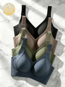 4-Piece Plus Size Bra, Seamless Breathable Wireless Sports Bra For Women - Full Coverage Design, Anti-Slip Material, With Lifting And Support Functions, Comfortable To Wear, Ribbed Details, Made Of Nylon And Elastic Fiber Blend, Hand Wash. Elegant Solid Color Design.Plus Size Lingerie - Multicolor - View 1