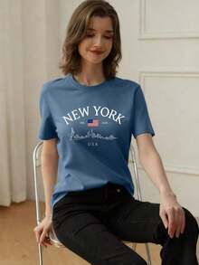 Camiseta de mujer de verano de ajuste holgado con cuello redondo y manga corta, con estampado de eslogan simple, estilo casual de vacaciones. Blusa de moda apta para uso diario y de vacaciones. - Niebla azul - Ver 2