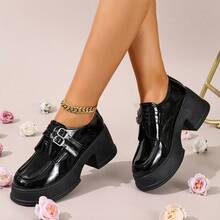 Women's Black Patent Platform Loafers, All-Match Chunky Heel Shoes For School/Office/Events - màu đen - Xem 11