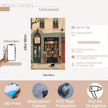 1 pieza, Arte plano 2D, Póster retro, Impresión de pintura al óleo de librería acogedora, Pintura en lienzo de gato negro de librería callejera, Decoración de pared única y creativa, Decoración perfecta para sala de estar y dormitorio, Sin marco - G - Ver 12