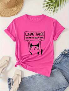 Printed T-Shirt With Letters And Cats, Short Sleeves And Round Neck, Casual Top For Summer And Spring, Women's Clothing - Fuchsia Pink - View 4