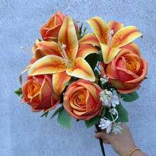 Ramo de colores de primavera: rosas y lirios mixtos de 9 varillas con rosas - Flores de corte fresco para decoración del hogar, boda, aniversario, regalo-G JDI2 - Naranja - Ver 13
