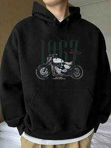 [95% Algodón, 5% Spandex]Sudadera con capucha y cordón ajustable, bolsillo y hombros caídos, estampado "1967 Motorcycle", sudadera de otoño para hombre, corte holgado, fabricada en fábrica - Ropa diaria unisex para mujer y hombre. - Negro - Ver 6