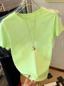Camiseta de manga corta de cuello redondo de unicolor para uso diario casual de mujer - Verde 2 - Ver 1