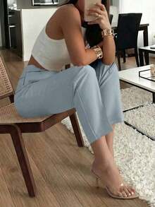 Pantalones elegantes de oficina con bolsillos laterales plisados y ajuste ceñido para mujer, de uso casual en primavera - Azul - Ver 3