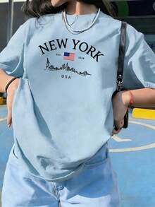 Women's Short-Sleeved T-Shirt With A Round Neck And Simple Slogan Print, Casual Summer Style, Loose Fit, Ideal For Everyday Wear And Holidays. Women's T-Shirt. - 淺藍色 - 查看 11