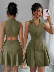 Vestido corto de verano casual de mujer de unicolor con doble botonadura y sin mangas - Caqui - Ver 8