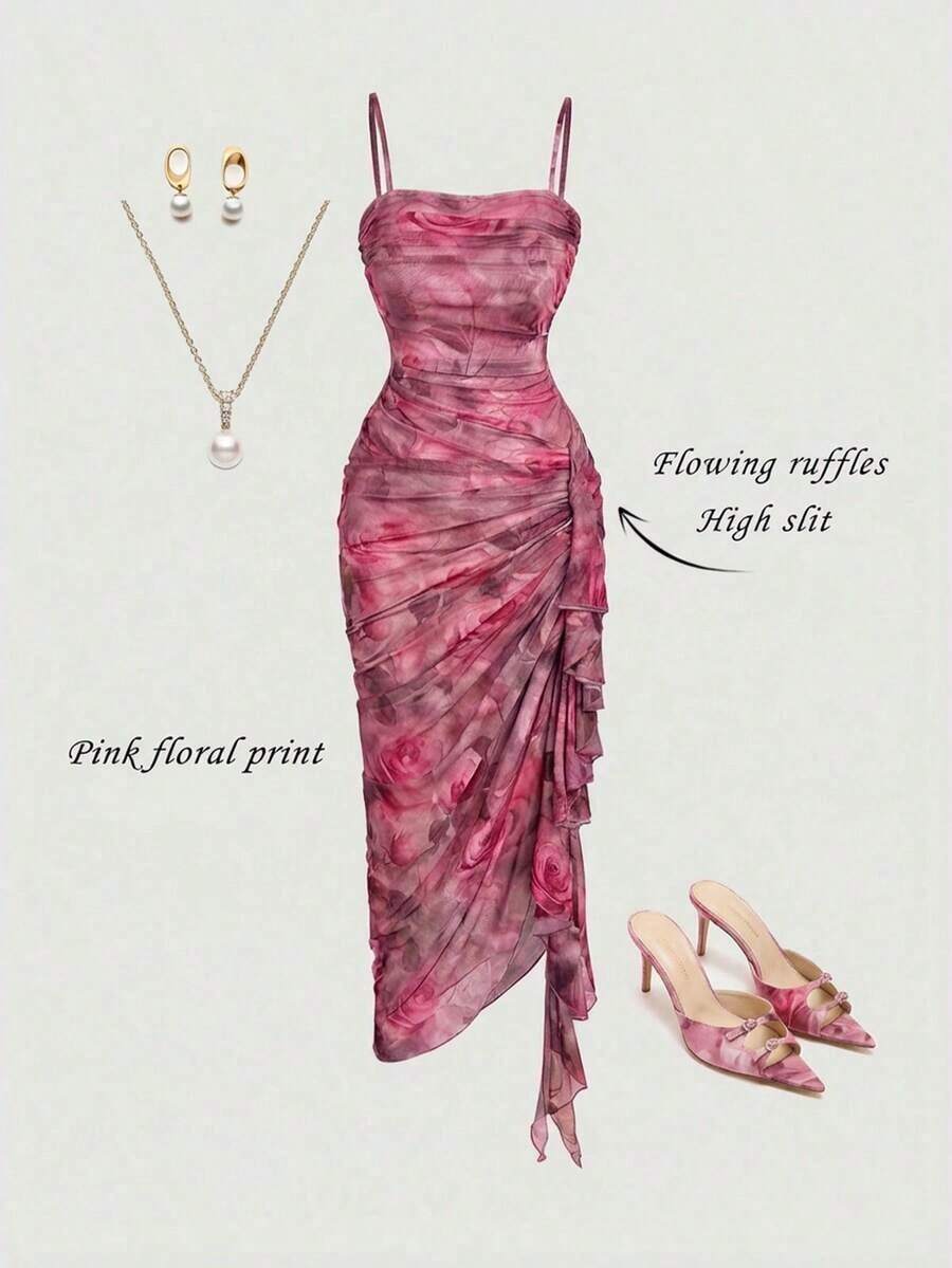 Vestido de mujer con estampado de mariposa vintage con teñido anudado, volantes fruncidos y bajo asimétrico, ideal para el Día de San Valentín, carnaval, cóctel, cena, baile de graduación, cumpleaños, verano y fiestas - Rosa 2 - Ver 1
