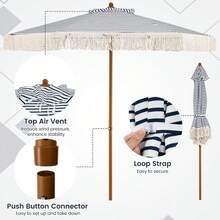 7Ft Patio Umbrella With Fringe, 2-Tier Outdoor Boho Umbrella With Tassels, Wood-Grain Aluminum Pole, Sun-Protective Canopy, 8 Ribs For Deck Backyard Poolside - Blue - View 2