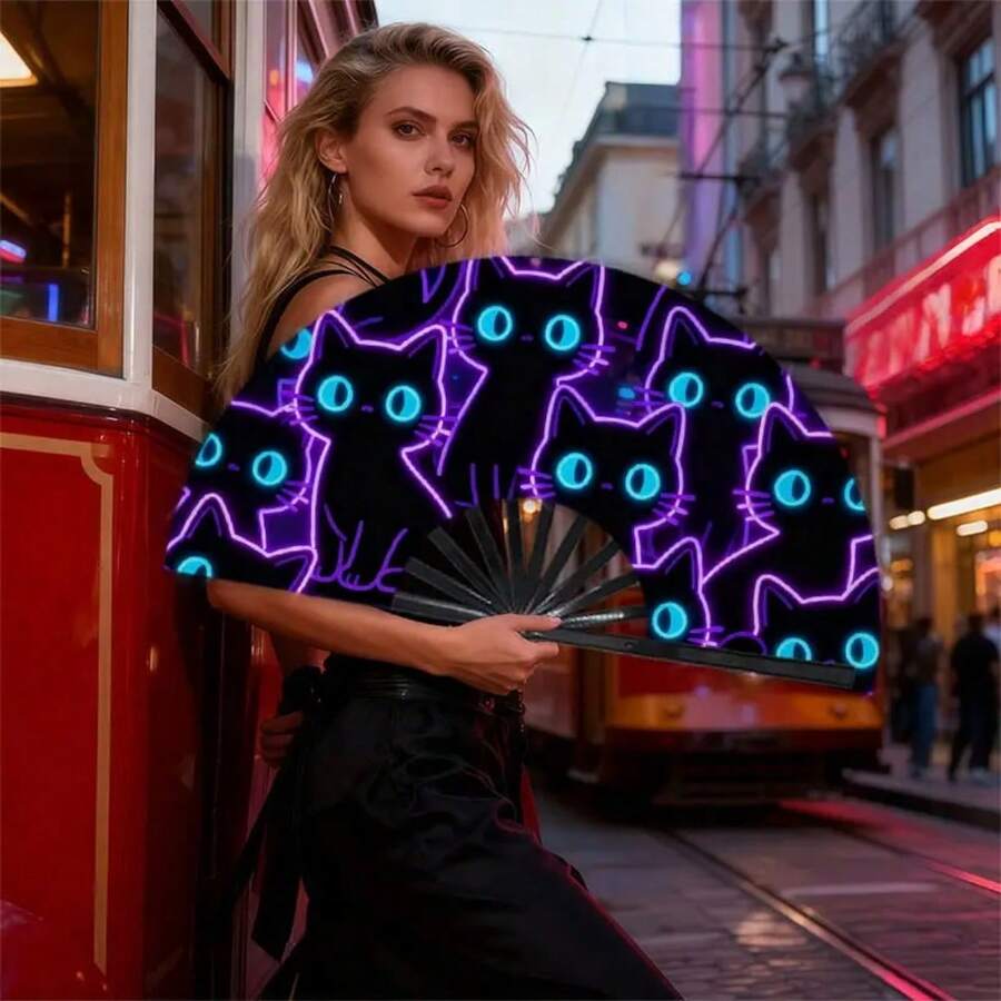 男女通用手持风扇 1 件装 | 霓虹黑猫 – 多种设计、材质可选,时尚亮丽的色彩,便携易用,适合日常使用、旅行和户外活动。是圣诞节、万圣节、狂欢节的理想礼物。 - 彩色 - 查看 1