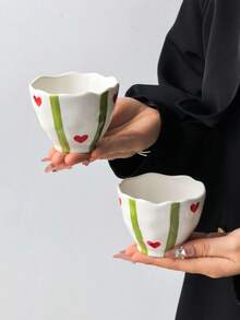 1 pieza/2 piezas Taza de café con diseño de corazón a rayas, taza de café pequeña de cerámica con corazón a rayas de estilo nórdico clásico, taza con asa de mano linda, espresso árabe, taza pequeña para entretener a invitados/amigos, té/café de tarde diario, apta para lavavajillas, reutilizable - Multicolor - View 18