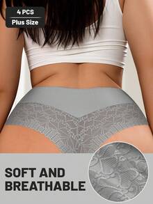 MEIYATING 4pcs/Pack Plus Size Women Lace Trim Mesh Splice Soft Comfortable Sexy Thong Panties - Multicolor - View 4