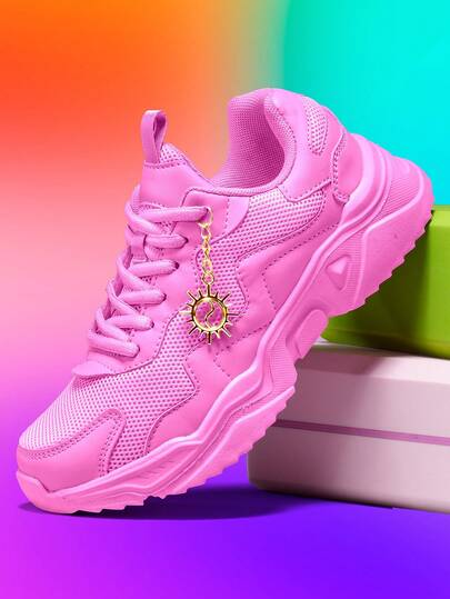Women's Fashion Casual Shoes, 5CM EVA Platform Thick Sole Chunky Sneakers, Plus Size Breathable Mesh Outdoor Sports Shoes, Comfortable Lightweight Skateboard Shoes With Gold Sunflower Decor Chain, Petite Women Pink Shoes
