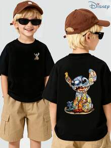Boys' Disney Lilo & Stitch "Stitch Character Collage" Graphic T-Shirt, Kids All-Characters Stitch Tee, Soft Breathable Casual Top For Boys, Ideal For Everyday Wear, Playground, School, Theme Parks, Vacation & Outdoor Activities - 黑色 - 查看 1