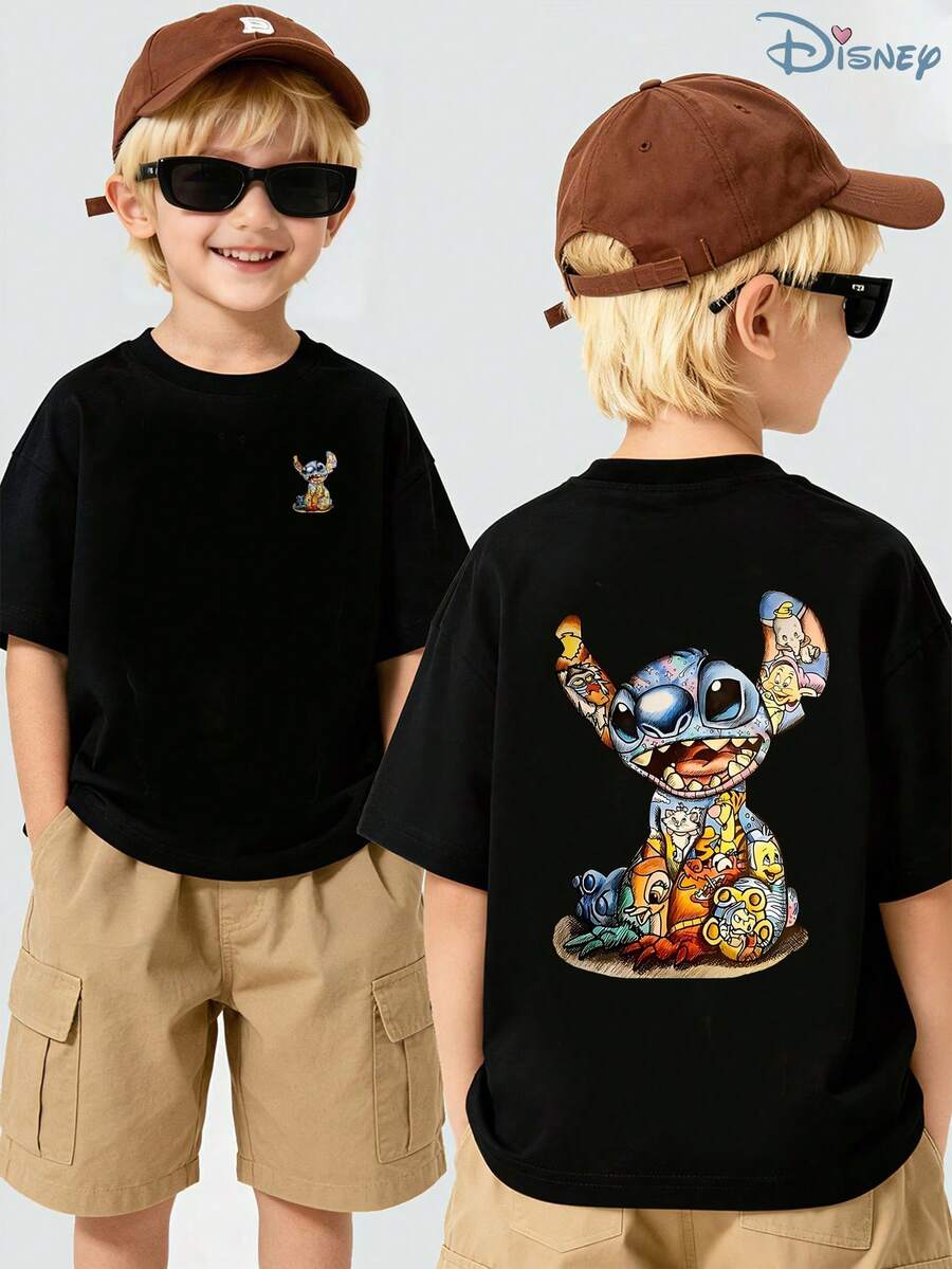 Boys' Disney Lilo & Stitch "Stitch Character Collage" Graphic T-Shirt, Kids All-Characters Stitch Tee, Soft Breathable Casual Top For Boys, Ideal For Everyday Wear, Playground, School, Theme Parks, Vacation & Outdoor Activities - 黑色 - 查看 1