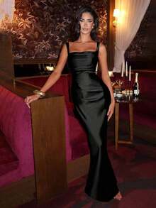 Vestidos elegantes Glamrae - Vestido de satén elegante con cintura ajustada y cordones, vestido largo para fiesta de Halloween, vestido formal de cóctel para banquete, vestido de fiesta de Navidad, vestido de boda de San Valentín, Vestidos Elitara - Negro - Ver 8