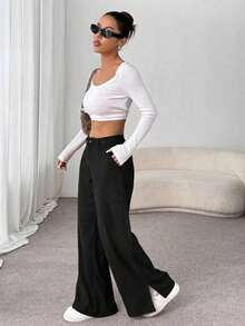 Unity Pantalones largos rectos y sueltos con abertura lateral de pana de moda casual para otoño/invierno para mujeres - Negro - Ver 2