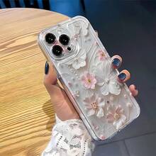 1pc Ins Style Fresh Hibiscus Flower & Leaf Solid Color Pattern Soft Phone Case, Suitable For IPhone 11/12/13/14/15/16 Pro Max - Multicolor - View 4